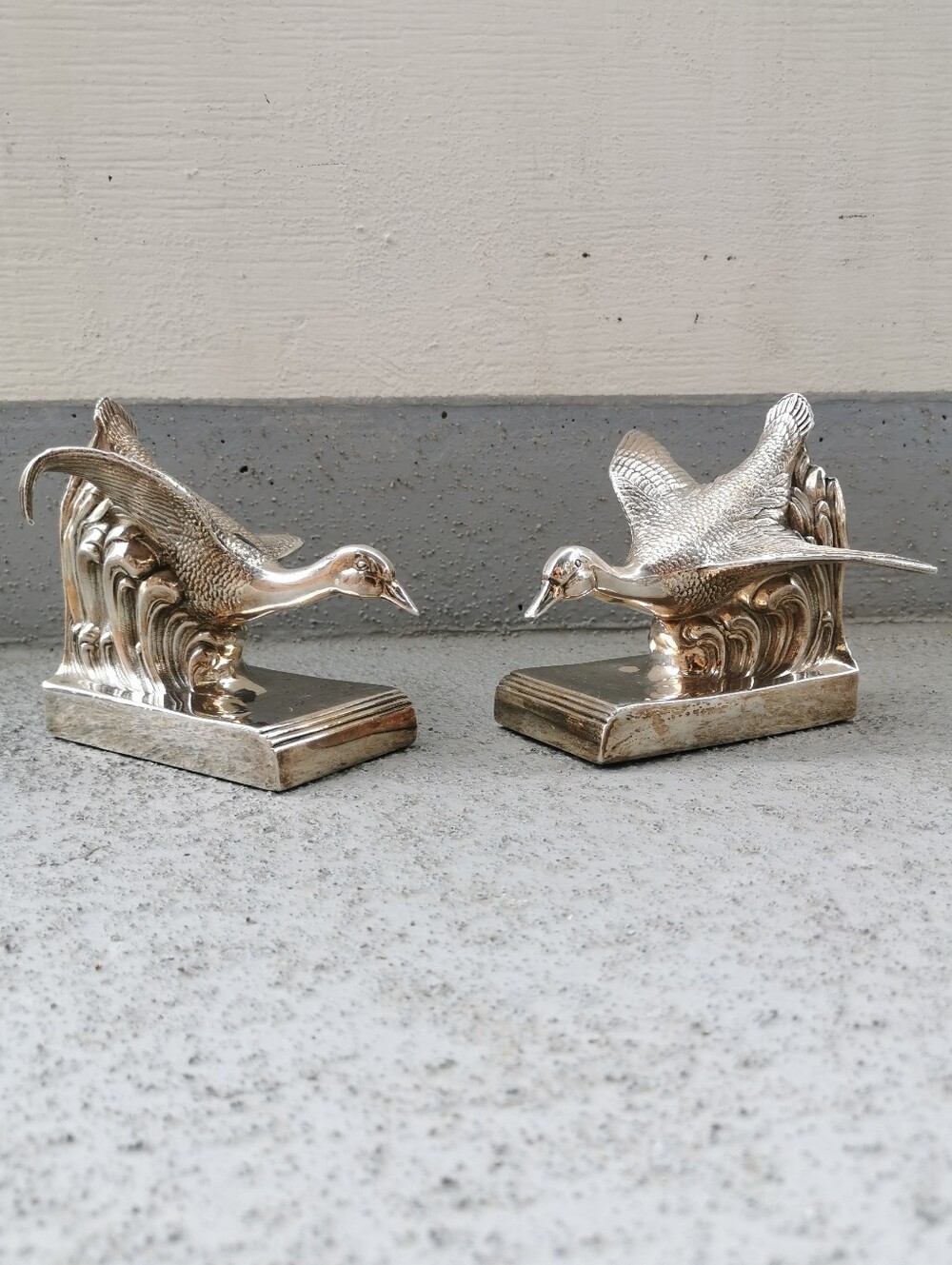Vintage Silver Plated Goose Bookends Art Deco Shelf Decor Pair